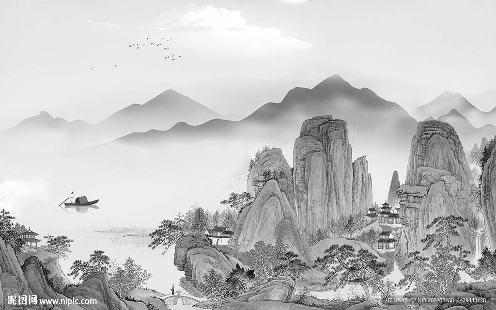 高档 中式灰色山水 TIF分层