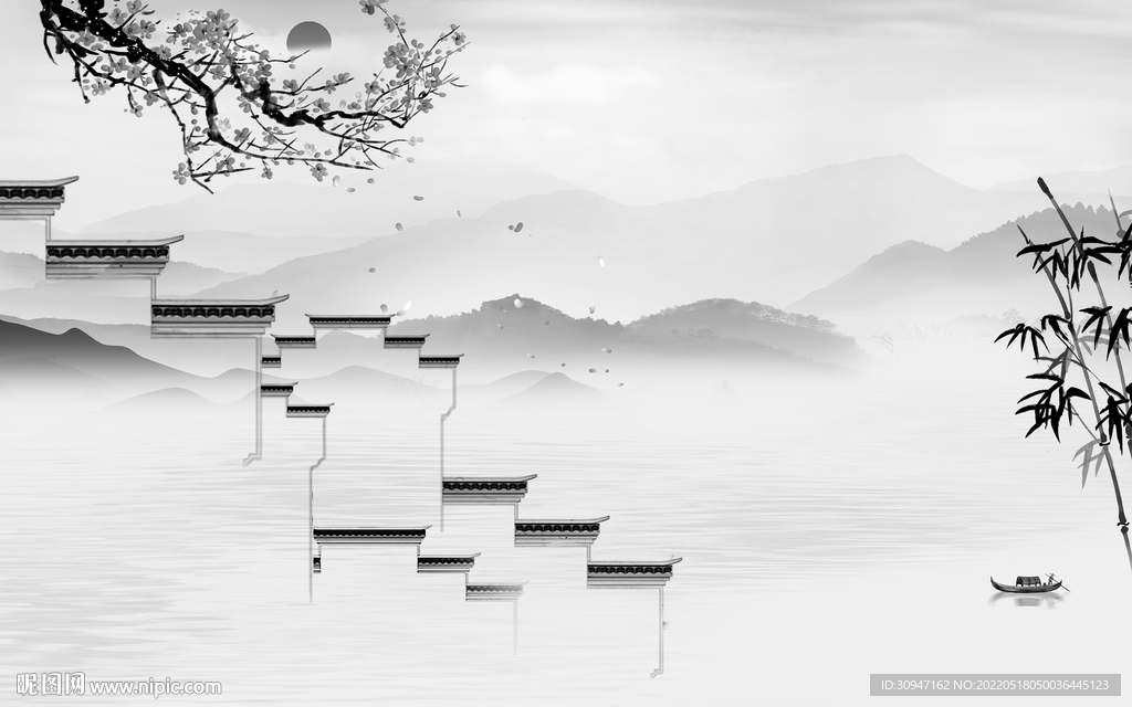 徽派客厅灰山水画 TIF分层