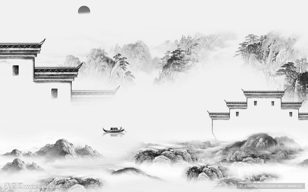 高档客厅灰山水画 TIF分层