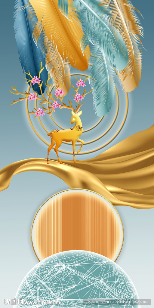 金色丝绸羽毛玄关背景墙