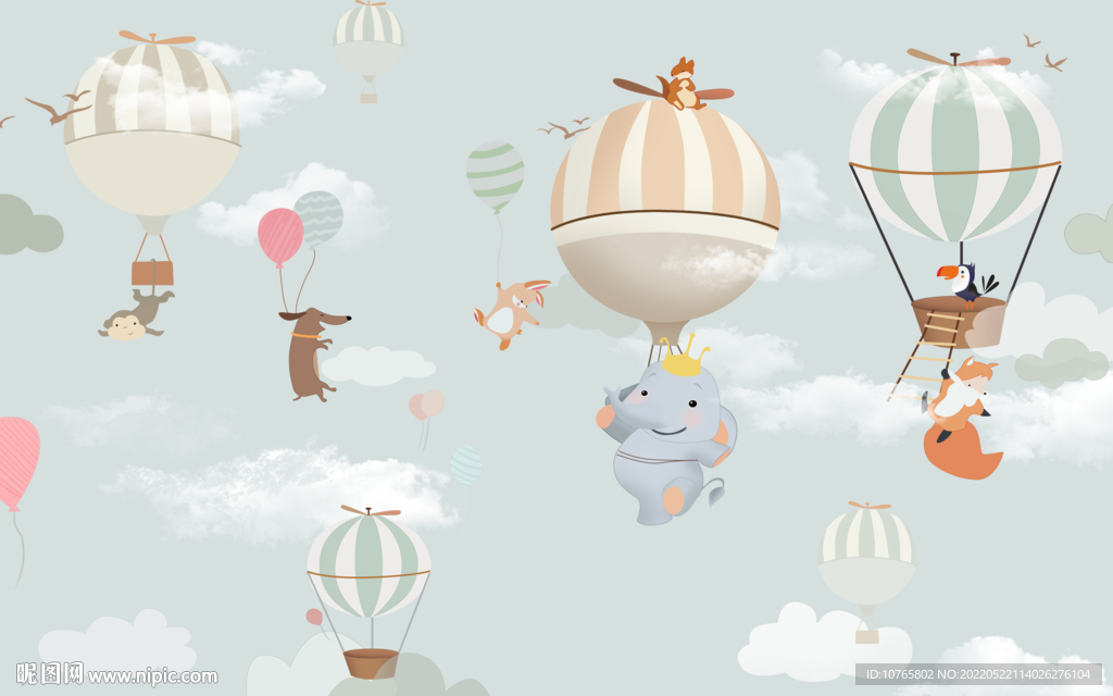 可爱卡通动物气球男孩背景壁画