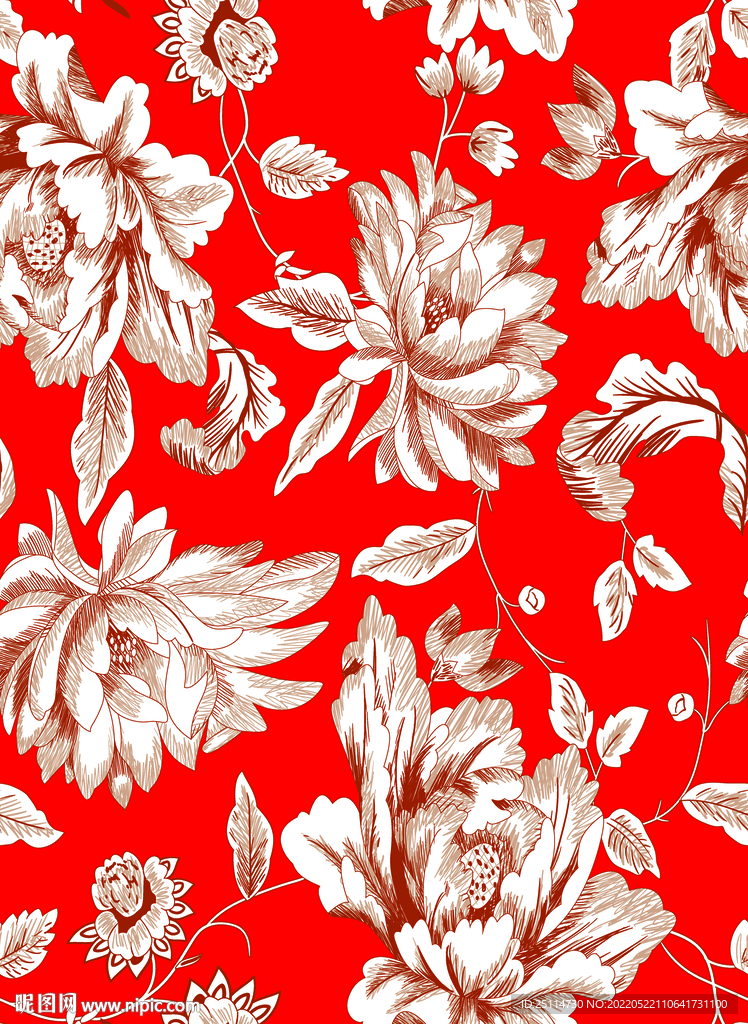 红底花手绘花朵数码印花