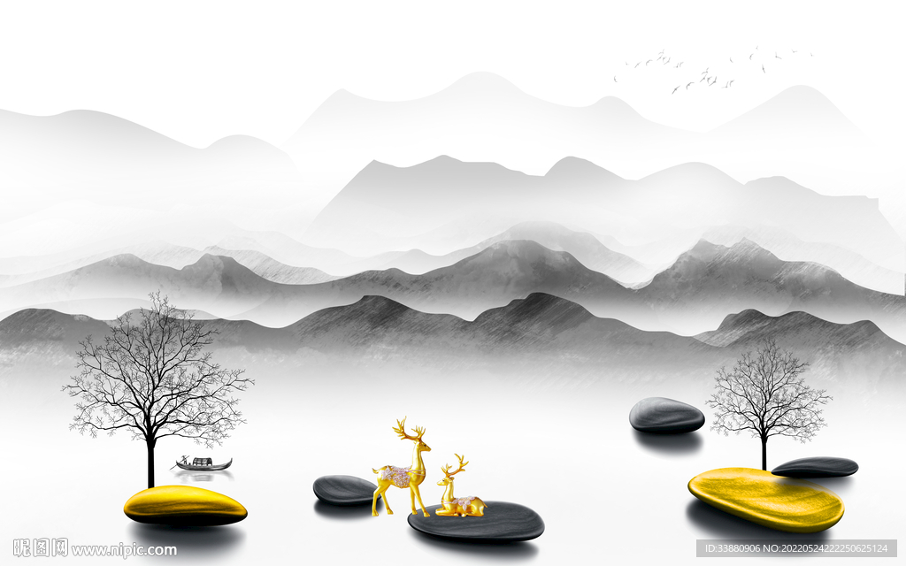 新中式简约高端山水 tif分层