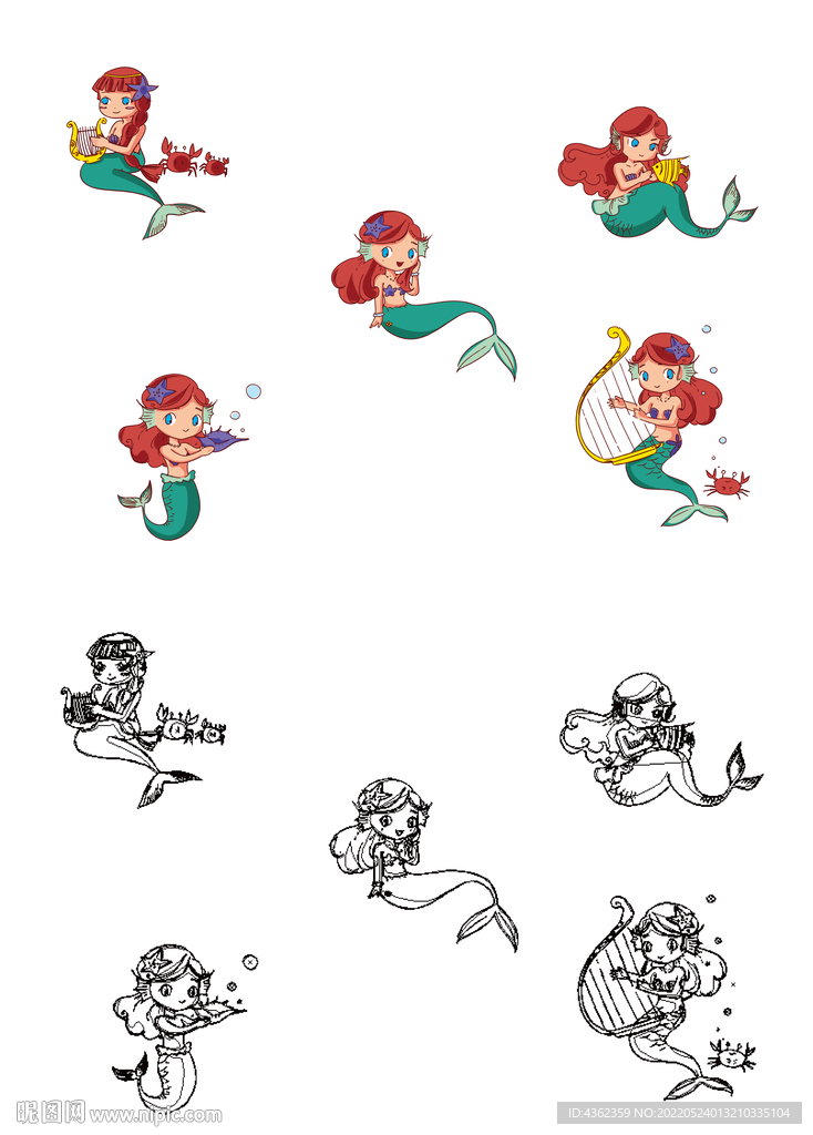 海洋系列美人鱼卡通AI矢量插画