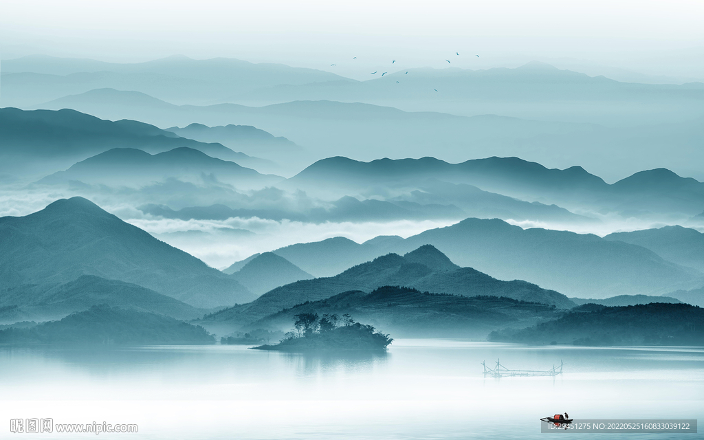 蓝色新款客厅山水 Tif分层