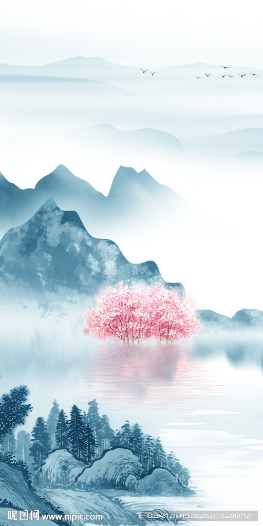 别墅中式山水框画 Tif分层