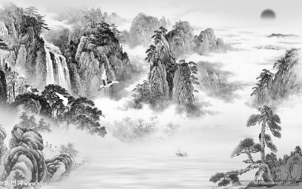 中国风简约灰色墙画 tif分层