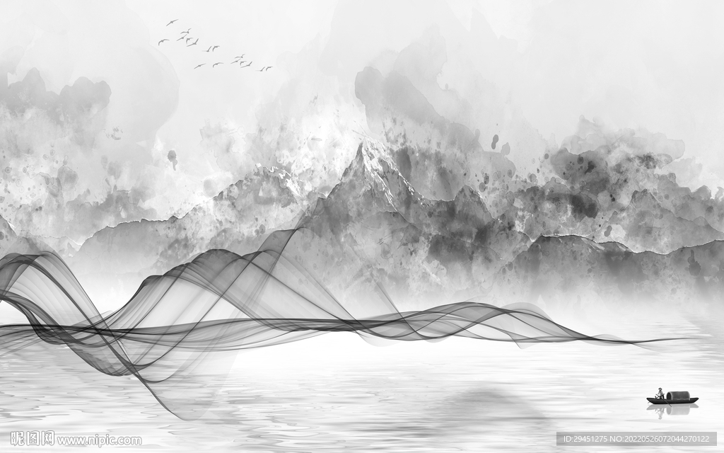 人气山水灰色墙画 tif分层