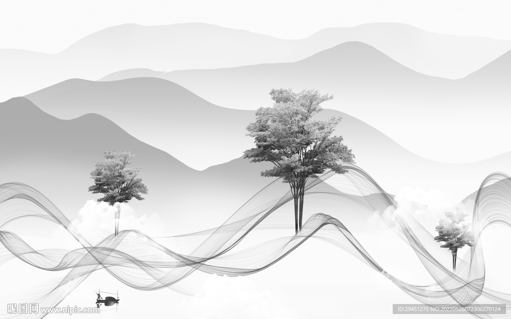 意境 山水灰色墙画 tif分层