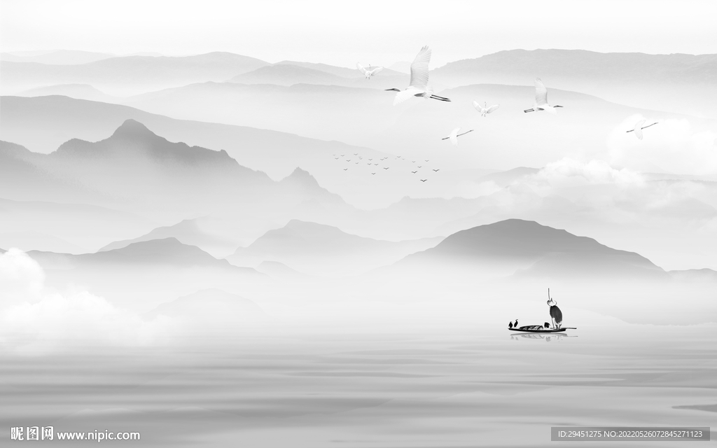 高清 山水灰色墙画 tif分层