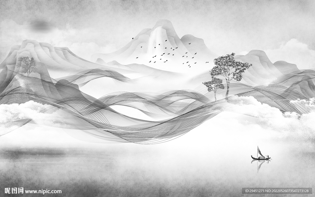 新中式极简灰色墙画 tif分层