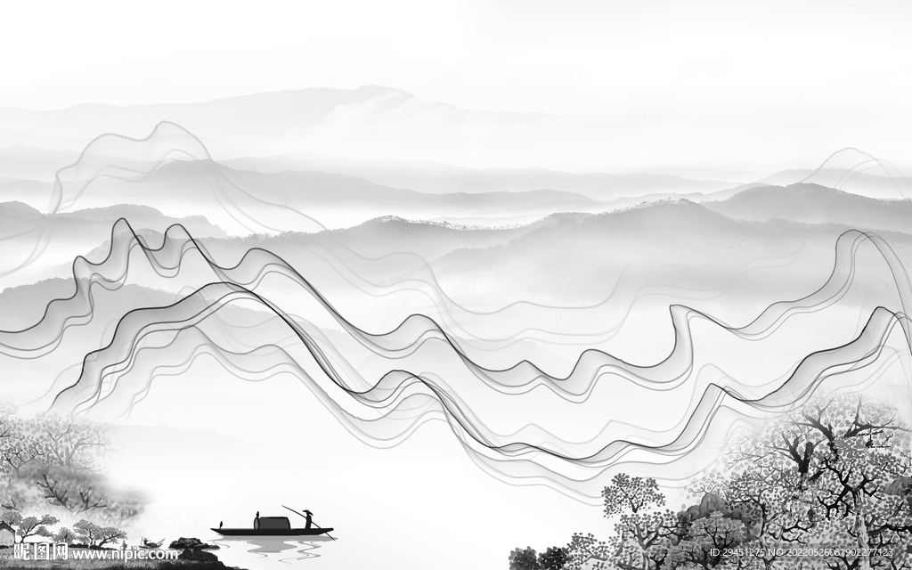 中式高端灰色山水 tif分层