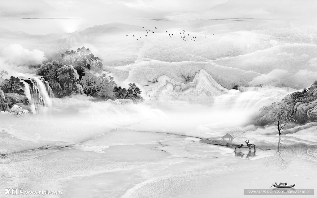 中式 灰色背景山水 tif分层