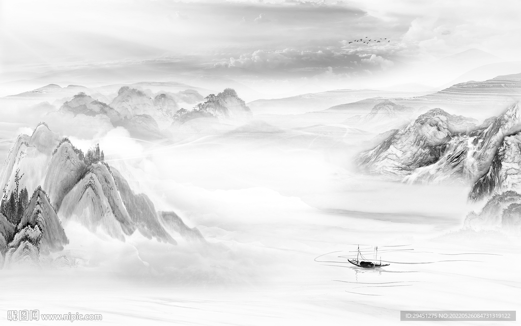 水墨灰色背景山水 tif分层