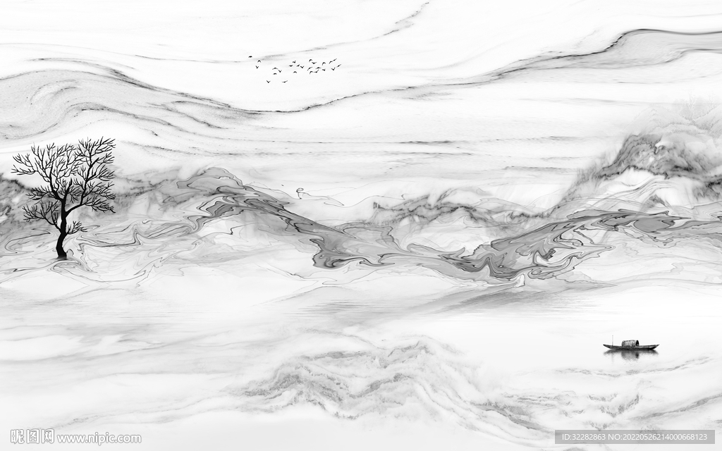 新款中式灰色山水 Tif分层