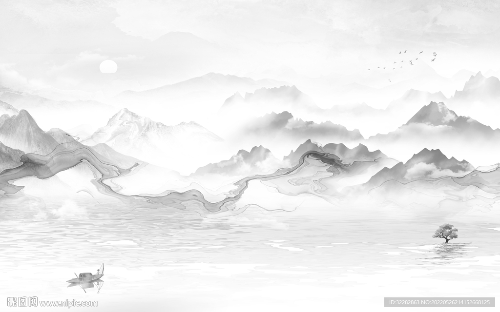 水墨中式灰色山水 Tif分层