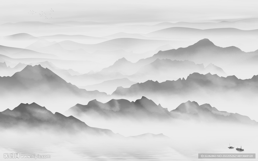 最新中式灰色山水 Tif分层