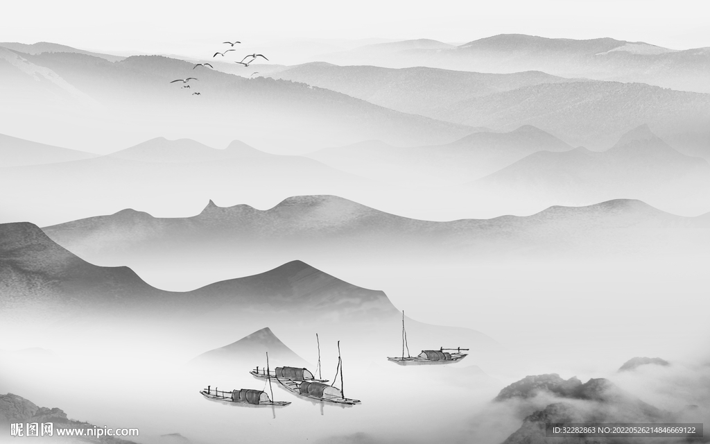 意境中式灰色山水 Tif分层