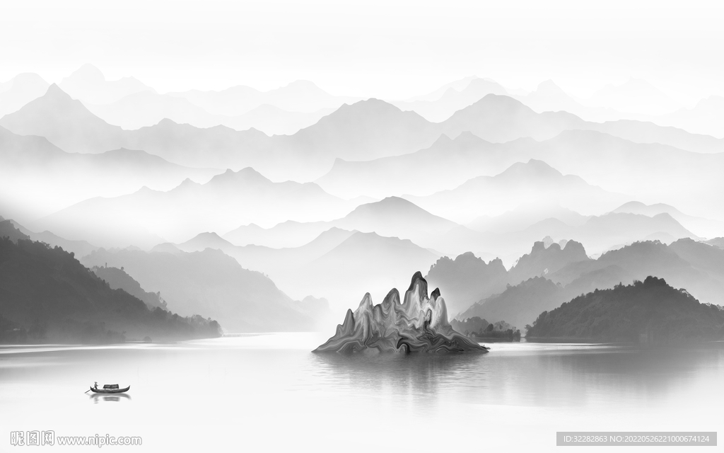 高端中式灰色山水 Tif分层