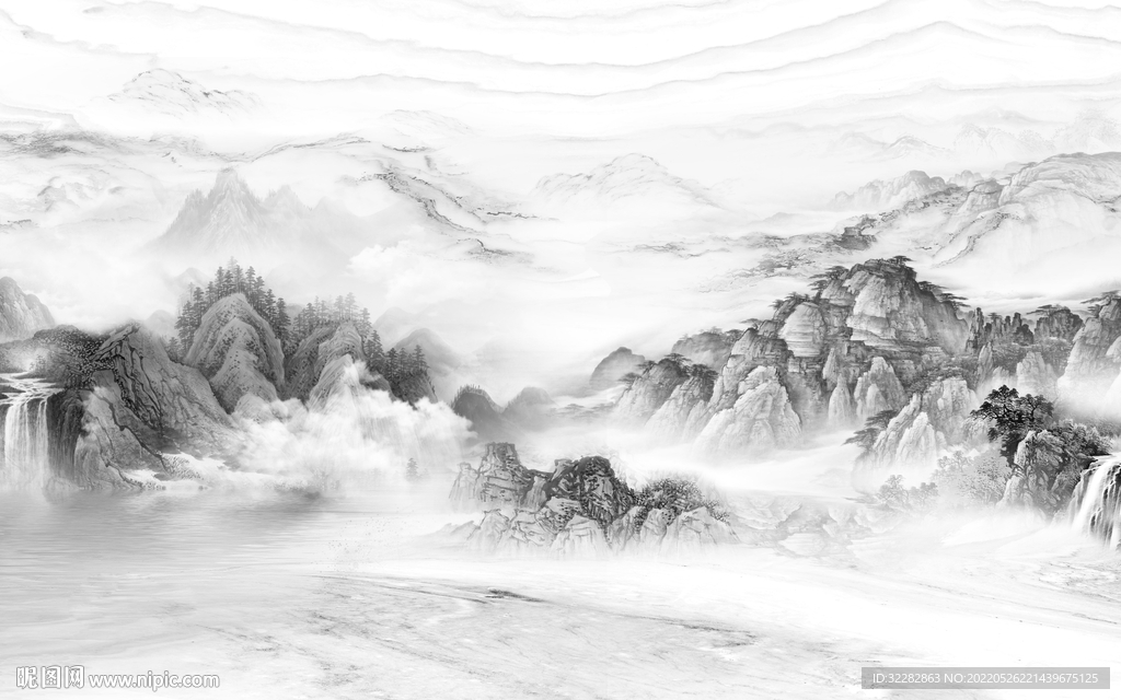 高档中式灰色山水 Tif分层