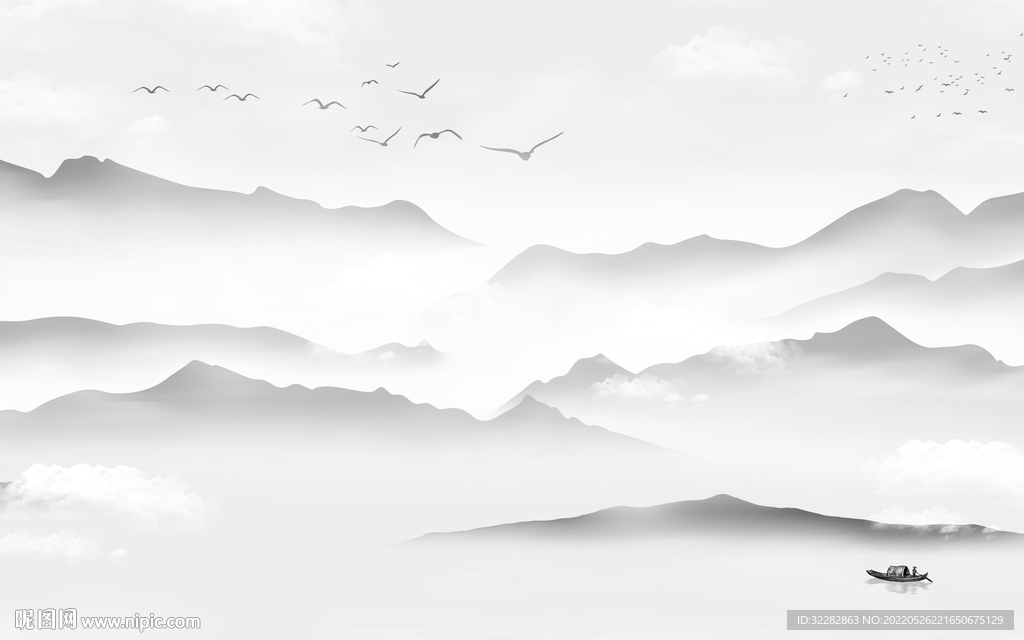 高雅中式灰色山水 Tif分层