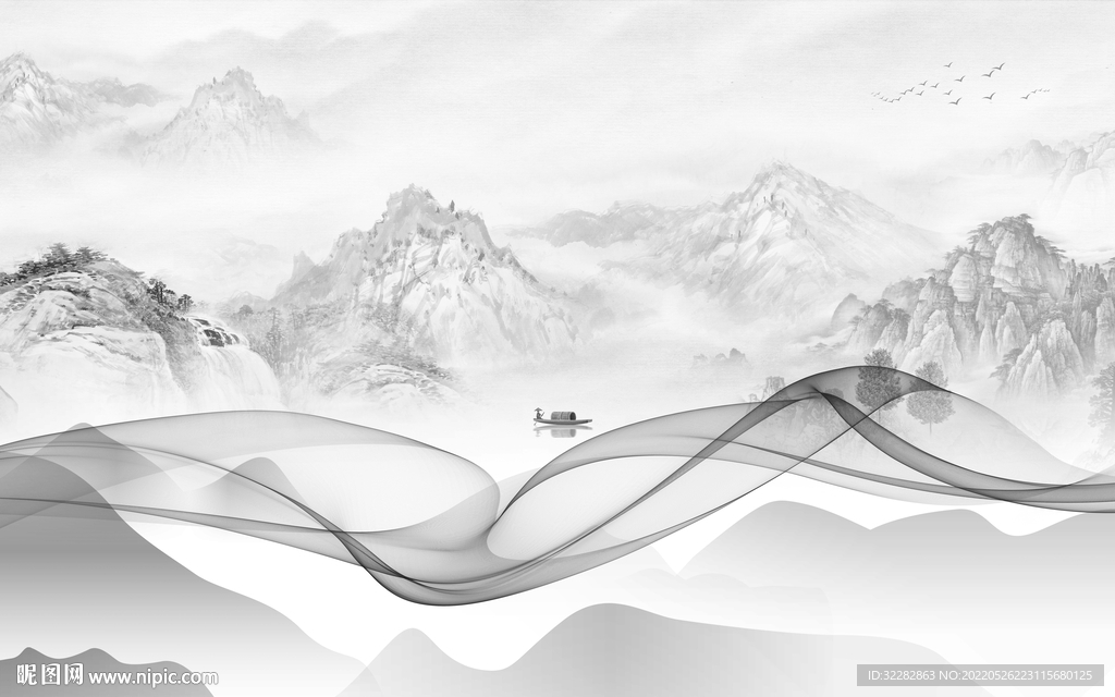 高清 中式灰色山水 Tif分层