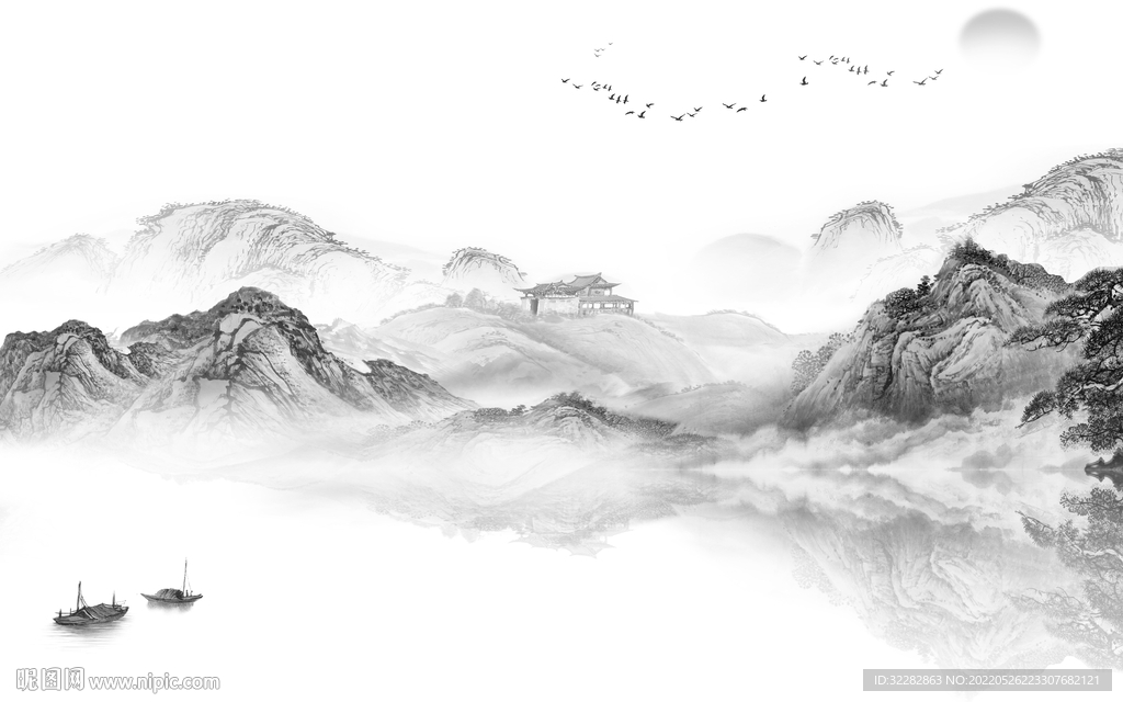 中式最新灰色山水 Tif分层