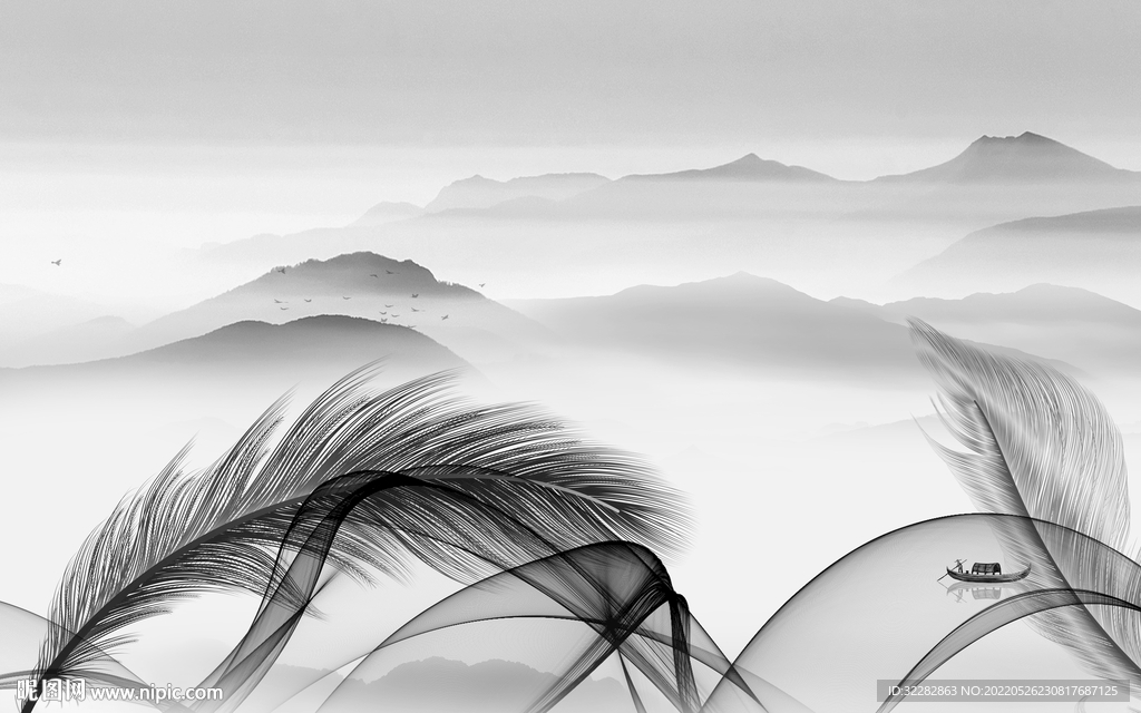 无框画灰色客厅山水 TIf分层