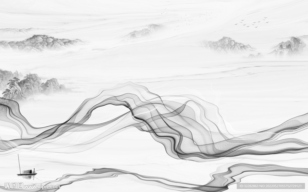 新中式最新灰色山水 TIF分层