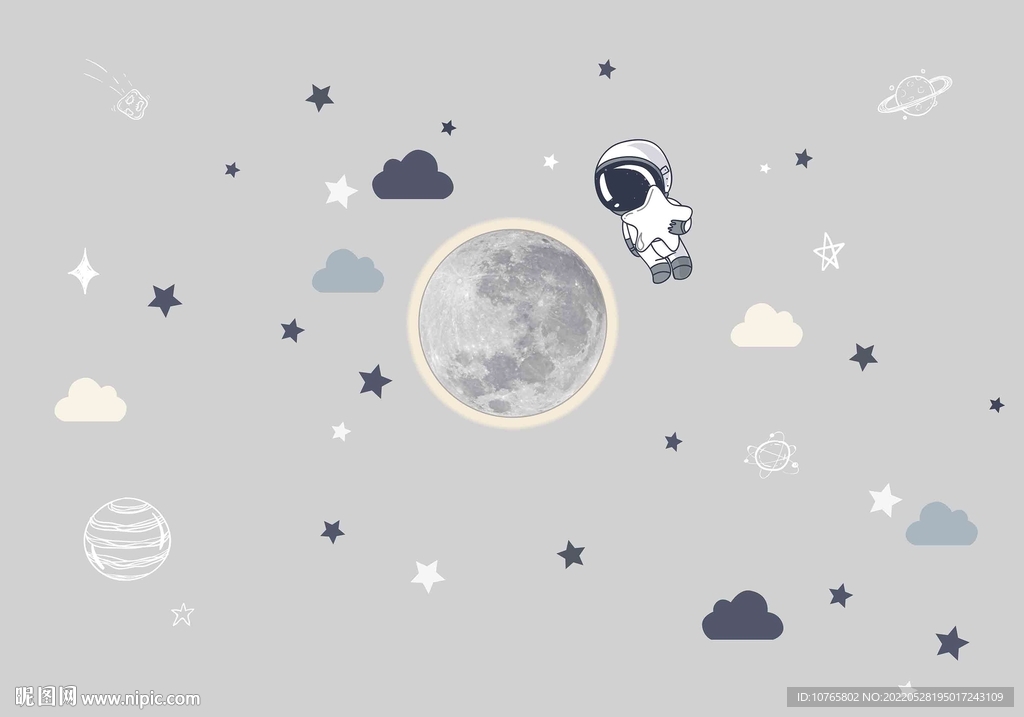 卡通星球太空儿童房背景壁画