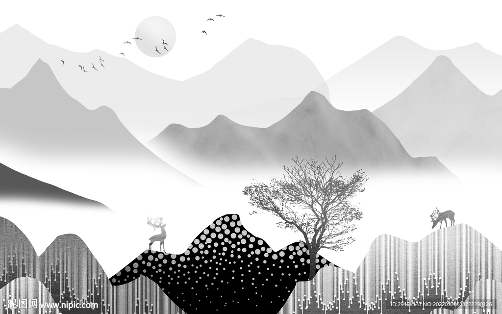 新款高档灰色山水 Tif分层