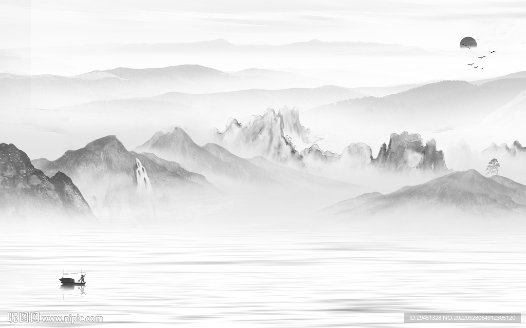 背景墙高清灰色山水 TIf分层