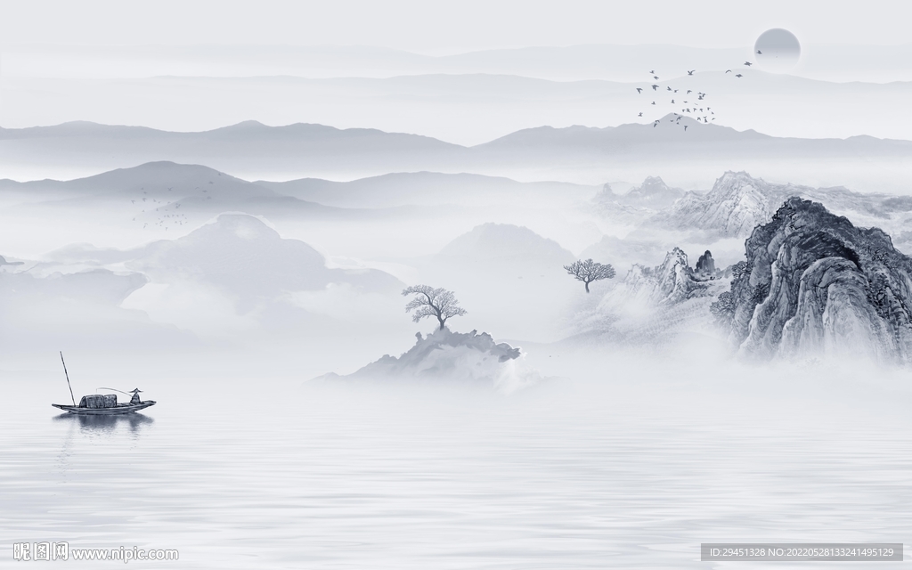 蓝色中式现代墙画 TiF分层