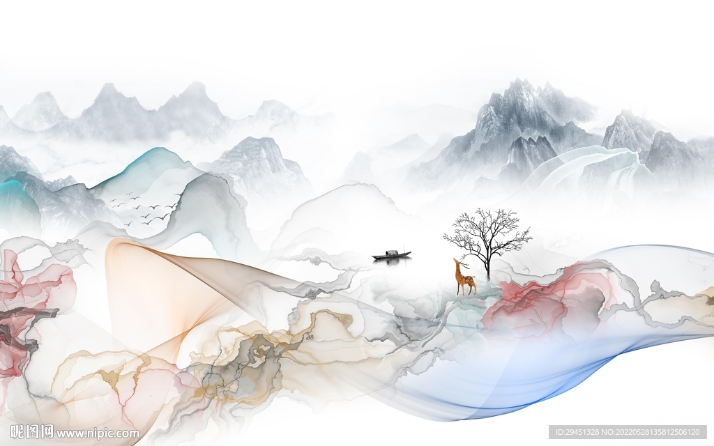 背景墙新款山水墙画 Tif分层