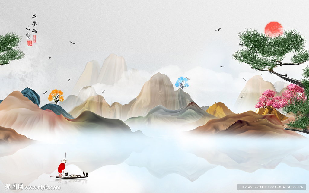 高档 中式现代墙画 TiF分层