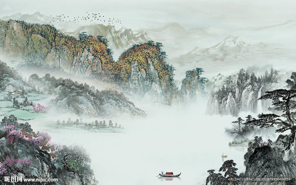 国画意境客厅墙画 Tif分层