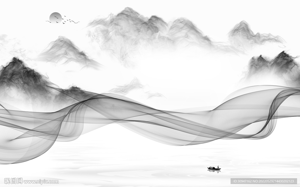 新中式墙画灰色山水 TiF分层