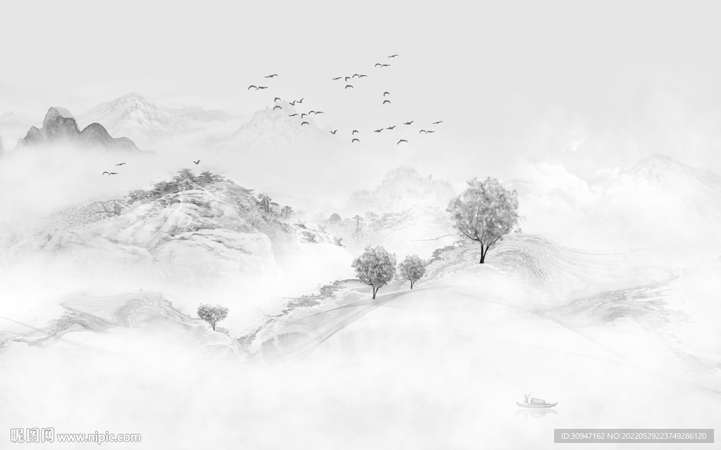 高清 墙画灰色山水 TiF分层