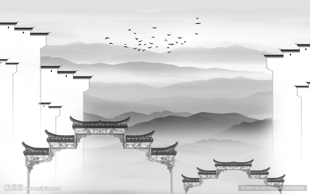 徽派灰色客厅山水 Tif分层