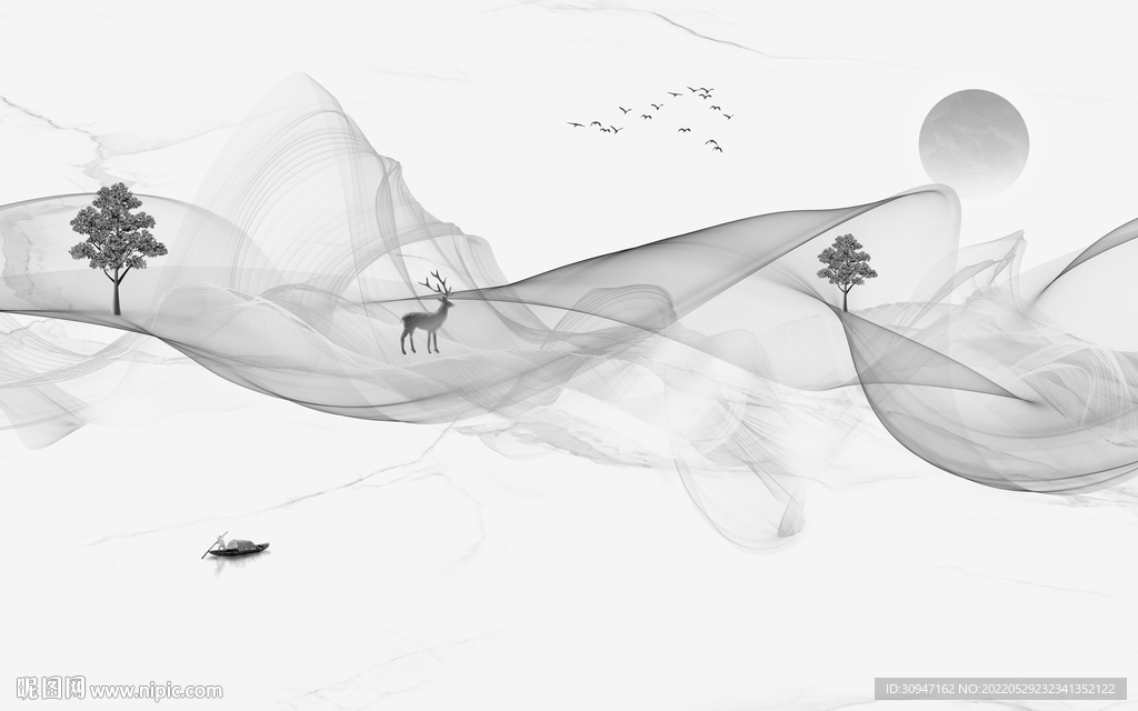 无框画灰色客厅山水 Tif分层