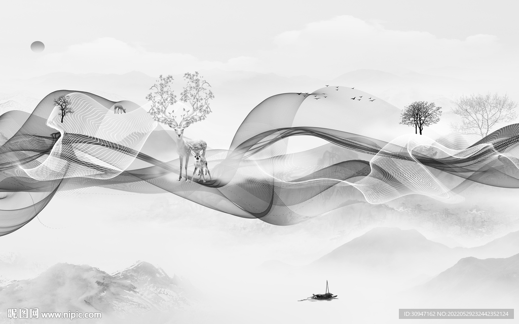 背景墙灰色客厅山水 Tif分层