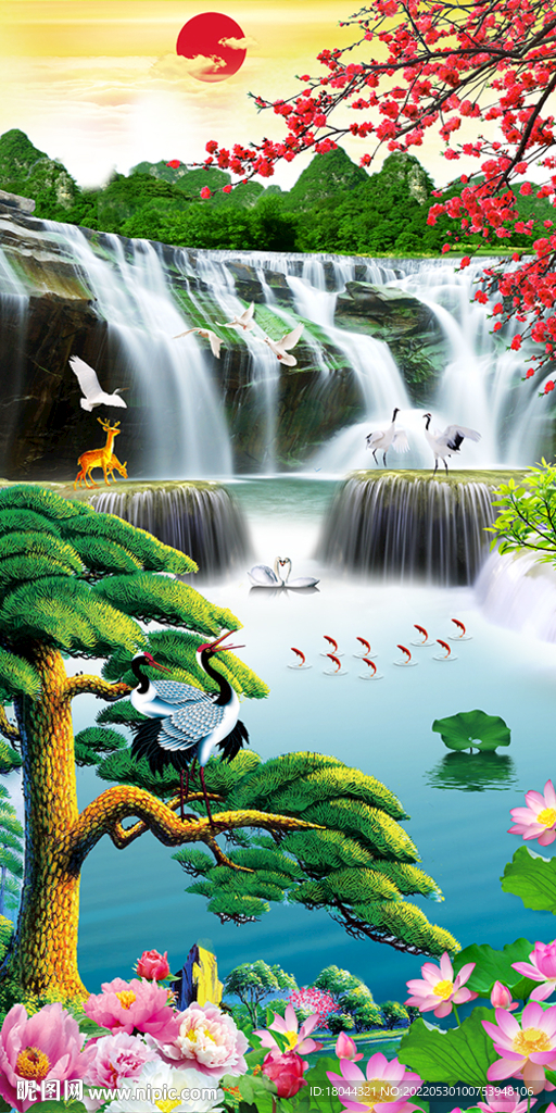 中国风流水生财瀑布玄关装饰画