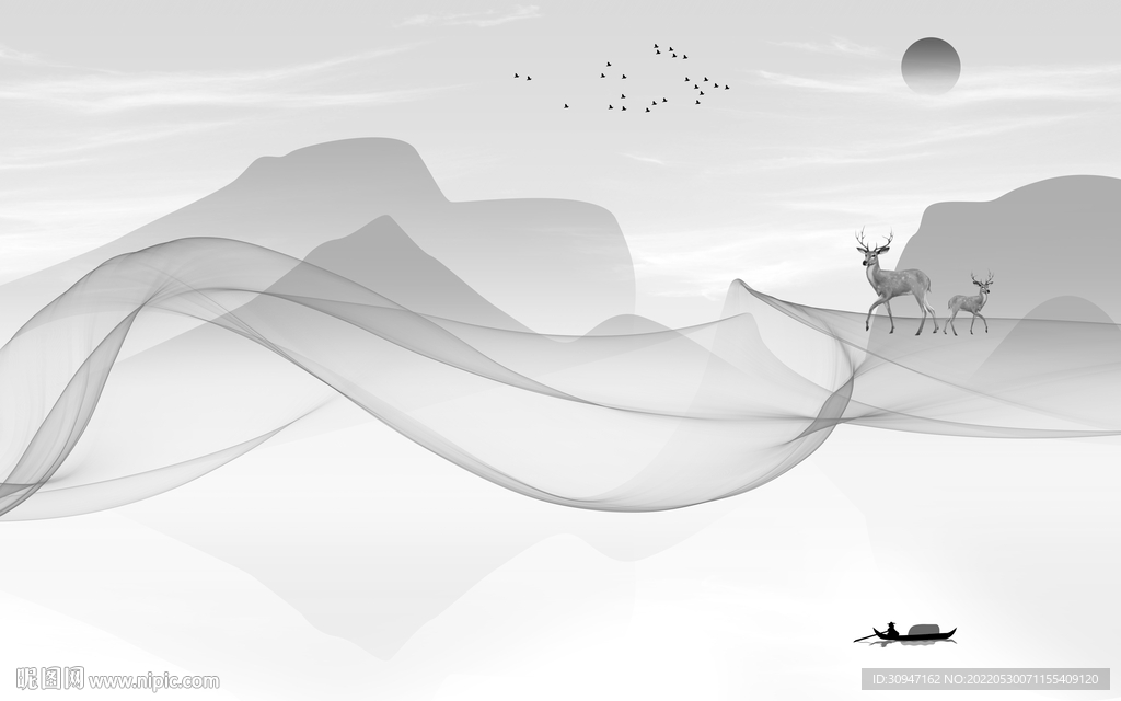 高雅灰色画山水图 TiF分层