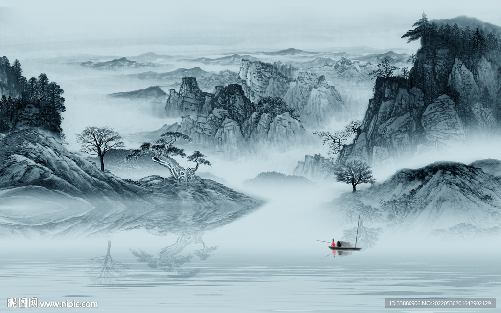 别墅中式山水墙画 Tif分层