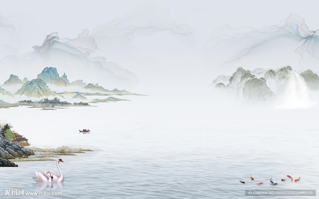 新款中式山水墙画 Tif分层