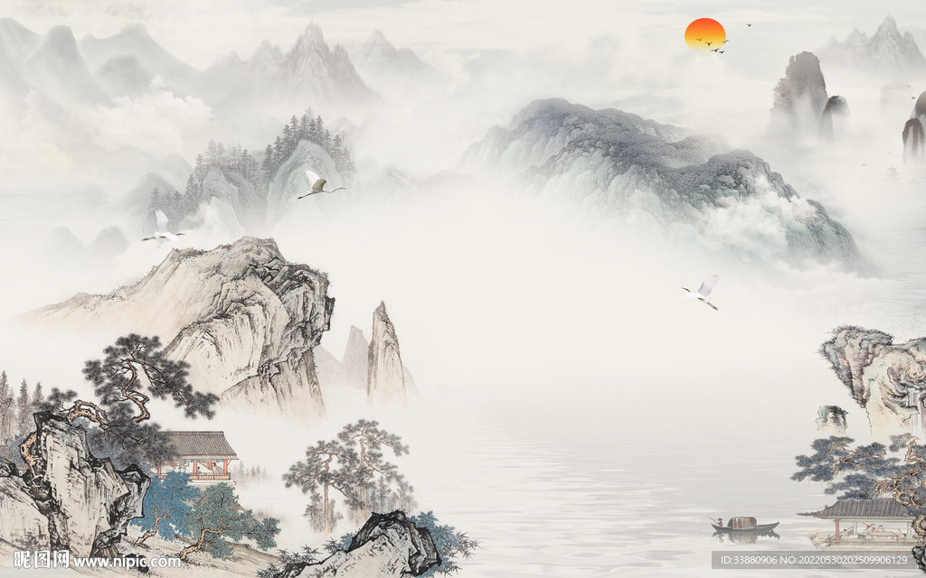 中国风中式山水墙画 Tif分层