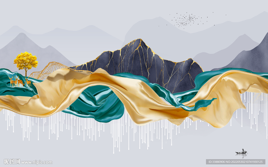 高清 中式山水墙画 Tif分层