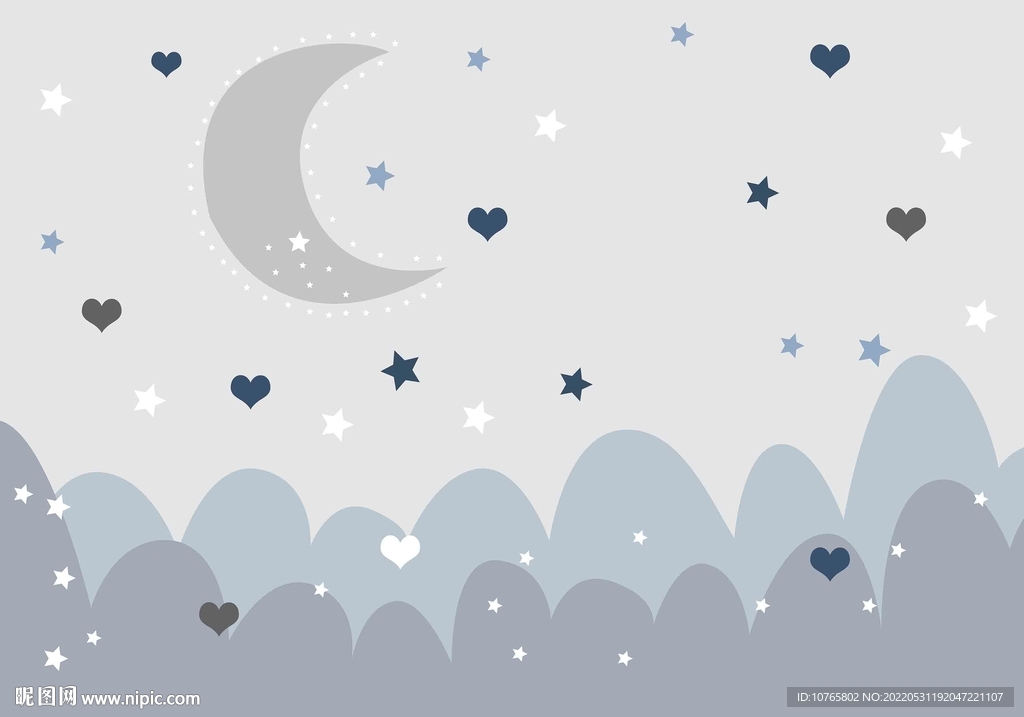 卡通星星月亮心形儿童房背景壁画