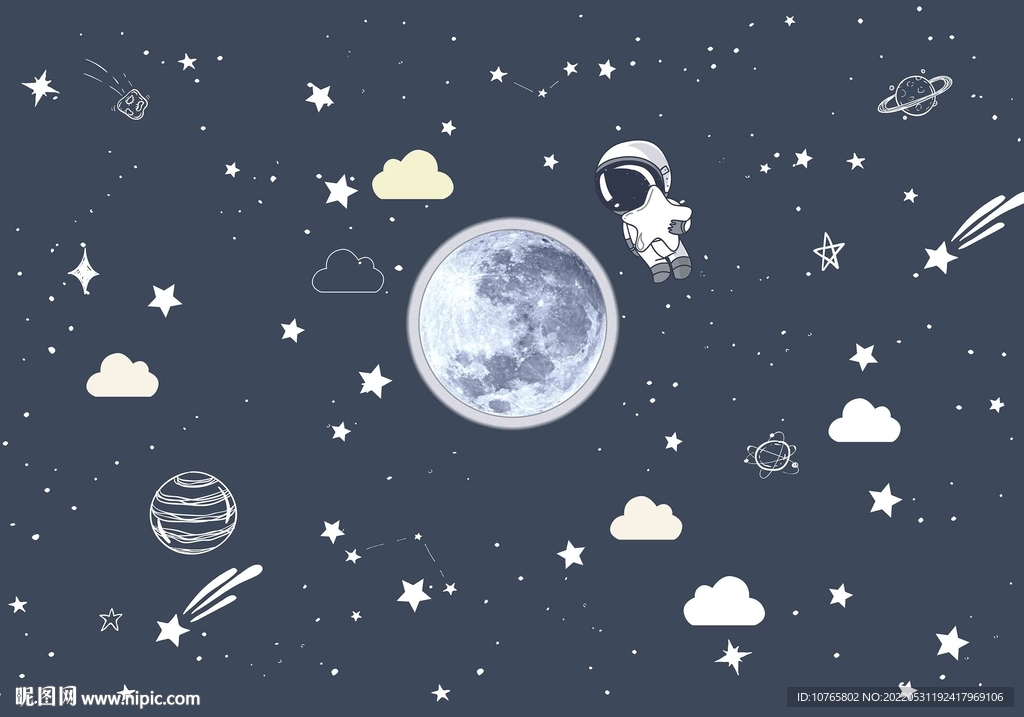 卡通星球宇航员飞船太空背景壁画