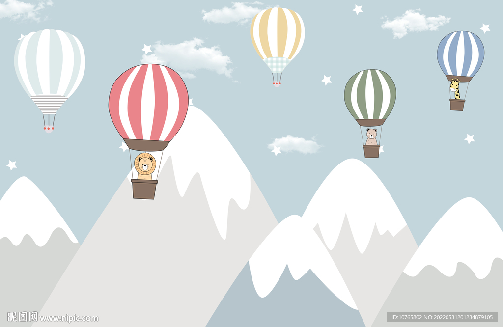 卡通儿童热气球山白云星星壁画
